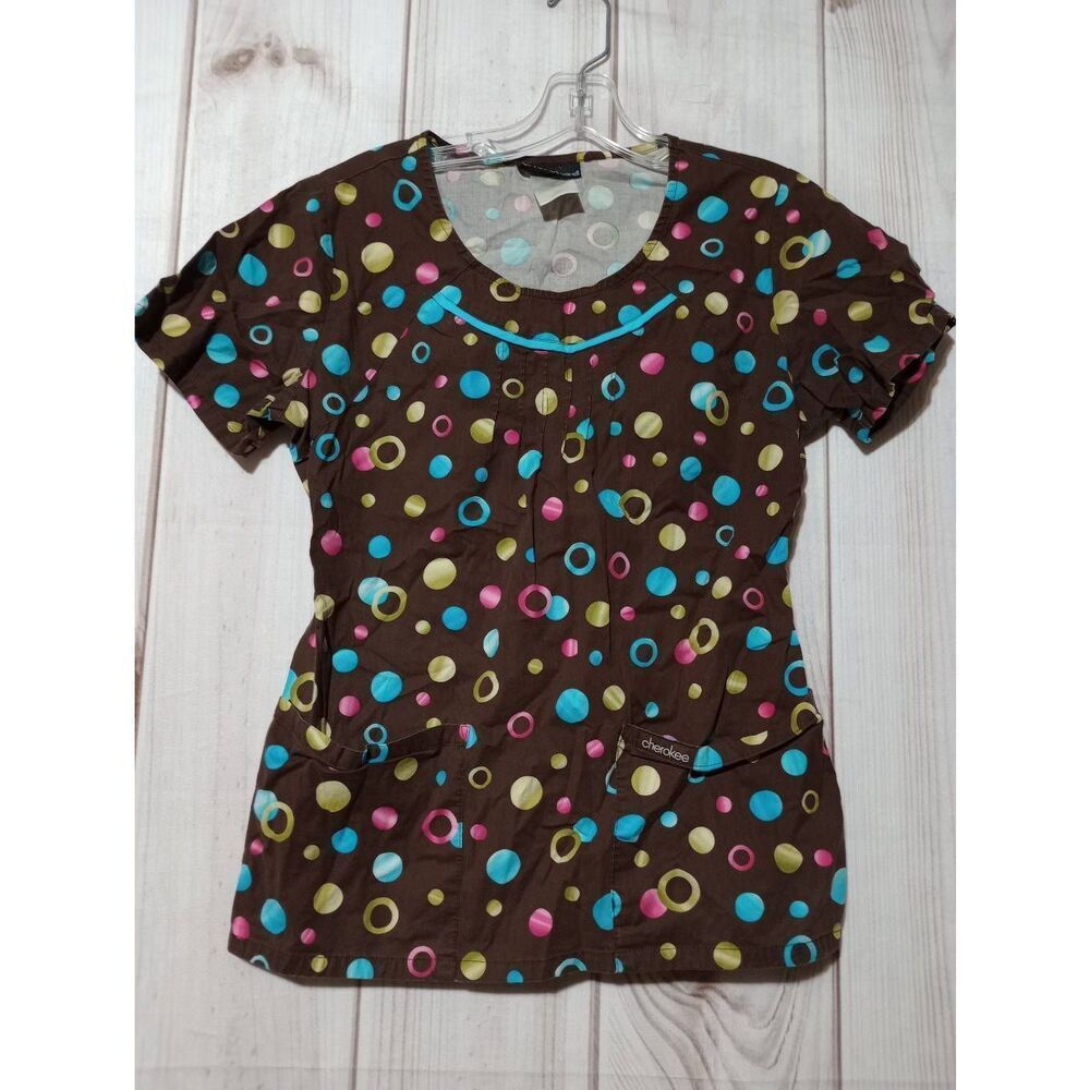 Cherokee Scrub Top Ladies Extra Small‎ Brown Aquamarine